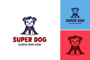 Super Dog Logo Design Template. This design asset features a logo of a dog wearing a cape with a heart on his chest. It is suitable for pet-related businesses or organizations looking for a playful vector