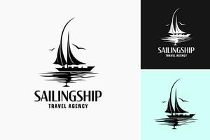 A minimalist logo featuring a black and white design for a travel agency specializing in sailing ship adventures. Suitable for branding, websites, and promotional materials. vector