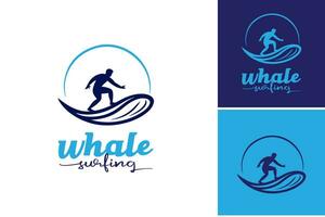 Whale Surfing logo design template. A dynamic and playful design showcasing a man riding a wave while a whimsical whale surfs alongside. Perfect for surf-related graphics, beach-themed merchandise vector