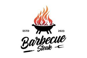 Barbecue Grill Meat Logo design. A black and white logo depicting a grill and a flame perfect for a restaurant, barbeque business, grill accessories company vector