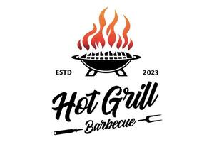 Barbecue Grill Meat Logo design. A black and white logo depicting a grill and a flame perfect for a restaurant, barbeque business, grill accessories company vector