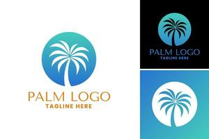 palma árbol logo diseño se refiere a un gráfico diseño elemento presentando un palma árbol, cuales lata ser usado para creando logos y marca materiales para negocios relacionado a vacaciones, vector