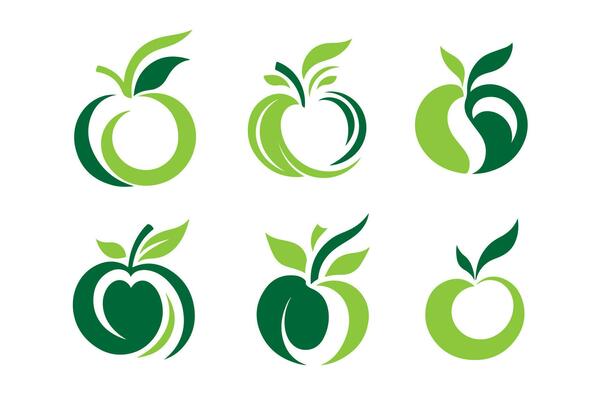 A Set of Green Apples with Leaves and a Leaf logo vector