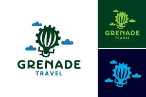 granada viaje logo es un diseño activo adecuado para un relacionado con viajes negocio o marca. eso caracteristicas un verde en forma de granada símbolo, representando dinámica y aventurero viaje experiencias. vector