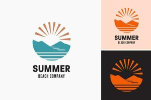 This design asset is a logo that represents a beach company with mountains and a sun. It is suitable for a variety of businesses related to the beach, such as resorts, surfboard shops vector