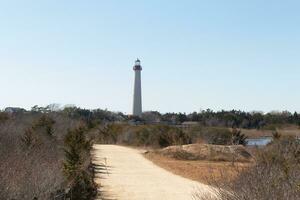 This is an image of Cape May Point lighthouse from a walking path that was close by. I love the red metal at the top of this lighthouse and the white tower. The beautiful walking path looks yellow. photo