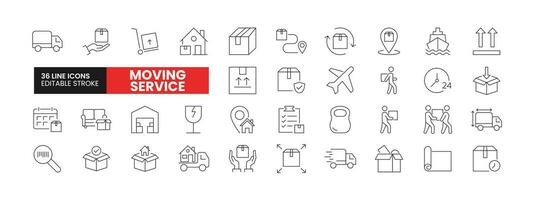 Set of 36 Moving Service line icons set. Moving Service outline icons with editable stroke collection. Includes Courier, Shipping, Home Shifting, Fast Delivery, Loading and More. vector