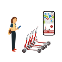 elettrico scooter noleggio a il stazione e pagato cassiere. mobile applicazione su il tuo Telefono per affitto un' scooter nel il città. urbano trasporto. moderno tecnologie. png