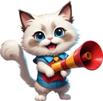 cartoon cat with megaphone on transparent background ai generative png