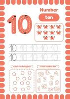 Activity page with Trace number ten.  Many exercises for kids, coloring figures vector