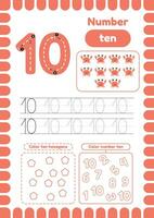 Activity page with Trace number ten.  Many exercises for kids, coloring figures vector