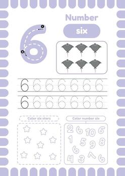 rastro número seis. actividad página con muchos ejercicios para niños, colorante cifras. escritura práctica. vector