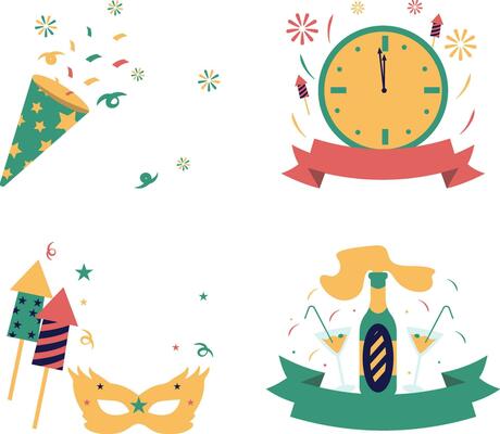 Collection of New Year Party Badge. Isolated On White Background. Vector Illustration.