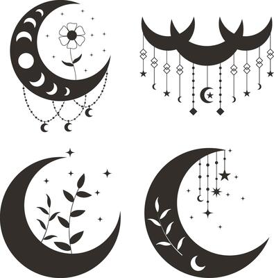 Celestial Moon Decoration Icon Collection. Isolated On White Background. Vector Illustration.