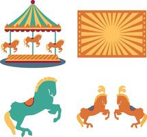 Vintage Carnival Circus In Flat Cartoon Design. Isolated Vector Set.