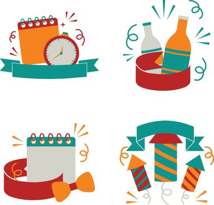 New Year Party Badge Icon Collection. Isolated Vector Set.