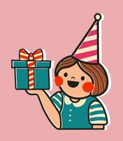 Birthday card with cartoon girl holding a gift box illustration on pink background. Sticker style greeting card in retro style. Cute postcard for child or design for your brand. vector