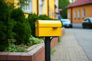 Yellow mailbox near a house with a blurred background. Generated by artificial intelligence photo