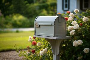 Mailbox near a house with with a rose bush, blurred background. Generated by artificial intelligence photo