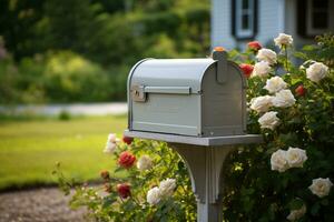 Mailbox near a house with with a rose bush, blurred background. Generated by artificial intelligence photo