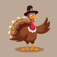 Turkey character in pilgrim hat. Cartoon vector illustration for Thanksgiving. Thanksgiving bird mascot isolated on solid background