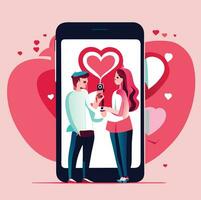 couple in mobile phone sending pink heart and love gift. vector