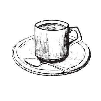 Tea cup with saucer and spoon on a white background, drawn in vector in black. Suitable for printing on fabric and paper, for designing menus and sheets, for invitations and business cards.