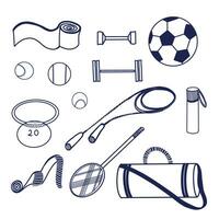 Set of illustrations. Sports equipment - tennis racket, dumbbells, bag, balls, jump rope, scales, water bottle, kettlebell drawn in vector on a tablet in dark blue. For print, design.