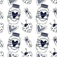 Seamless pattern for Valentine's Day. Vector pattern with ladybugs, white feathers and a lantern with hearts on a white background. Suitable for print, holiday, invitations and creativity.