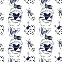 Seamless pattern for Valentine's Day. Vector pattern with ladybugs, white feathers and a lantern with hearts on a white background. Suitable for print, holiday, invitations and creativity.