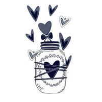 Composition for Valentine's Day drawn in vector. Candlestick in the shape of a jar with hearts, patterned hearts drawn in dark blue. Suitable for printing, holiday, invitations and crafts. vector