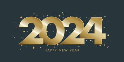 2024 golden numbers with festive confetti, stars and spiral ribbons on blue background. Vector holiday illustration. Happy New Year 2024. New year ornament.