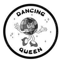 Grunge cartoon disco ball character for printout. Groovy hand drawn female character and slogan Dancing Queen in round frame with scratches. Hippie black and white composition, print label, sticker vector