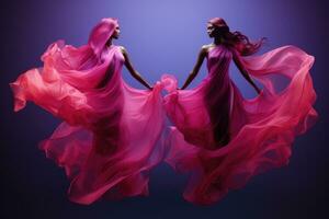 Aerial silk performers in fuschia and indigo isolated on a gradient background photo