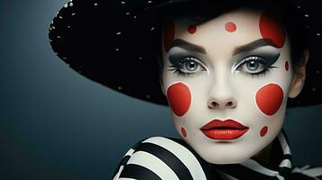 Vintage clown makeup artistry in red black and white isolated on a gradient background photo