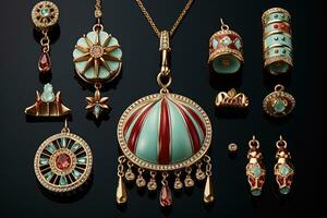 Circus themed ruby emerald and gold jewelry isolated on a gradient background photo