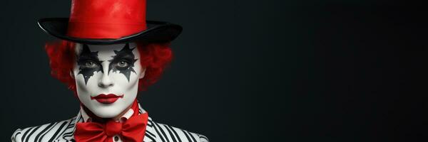 Vintage clown makeup artistry in red black and white isolated on a gradient background photo