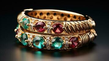 Circus themed ruby emerald and gold jewelry isolated on a gradient background photo
