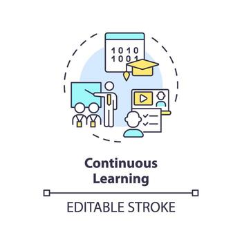 2D editable multicolor continuous learning icon, simple isolated vector, AI engineer thin line illustration. vector
