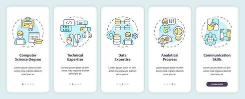 2D icons representing AI engineer mobile app screen set. Walkthrough 5 steps multicolor graphic instructions with thin linear icons concept, UI, UX, GUI template. vector