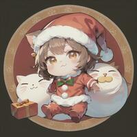 linda chibi gato niña vistiendo Navidad disfraz como Papa Noel claus anime estilo foto