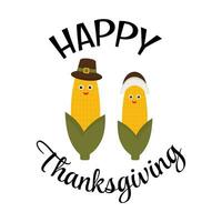 Happy Thanksgiving greeting card with corn in pilgrim hat. Thanksgiving vector illustration for greeting card, appreciation gift tag, print, sticker. Cute cartoon style.