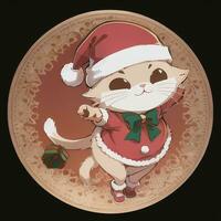 Cute Chibi Neko Cat Wearing Christmas Costume As Santa Claus Anime Style photo