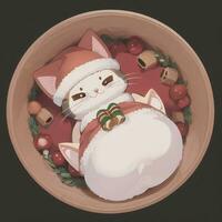 Cute Chibi Neko Cat Wearing Christmas Costume As Santa Claus Anime Style photo