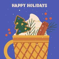Happy new year and Merry Christmas greeting card with a cup and elements, cream, twigs, cookies, Christmas tree. vector