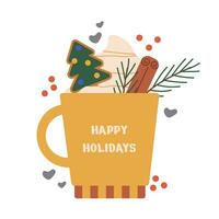 contento nuevo año y alegre Navidad saludo tarjeta con un taza y elementos, crema, leña menuda, galletas, Navidad árbol. vector