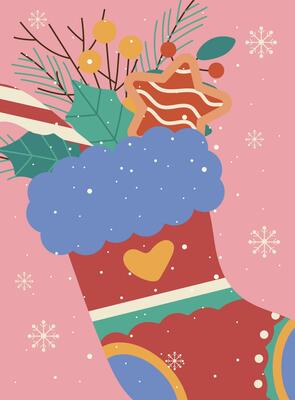 Happy new year and Merry Christmas greeting card with sock and decor, twigs, snowflakes, gift boxes, leaves, cinnamon.