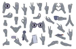 Big set Robot hands gestures. Robotic arm point, hold and handshake, Signs, expressions with pointing fingers, clenched fists, greeting palms, showing peace, heart. Vector illustration in doodle style