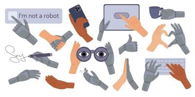 Set human and robot hands gestures. Human robotic arm clicking on I am not a robot, holding stuff, search binoculars, smartphone, tablet, stylus. Vector illustration in doodle style