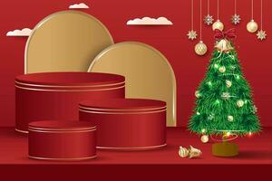 Podium or sales stand with a Christmas celebration theme on a red background vector